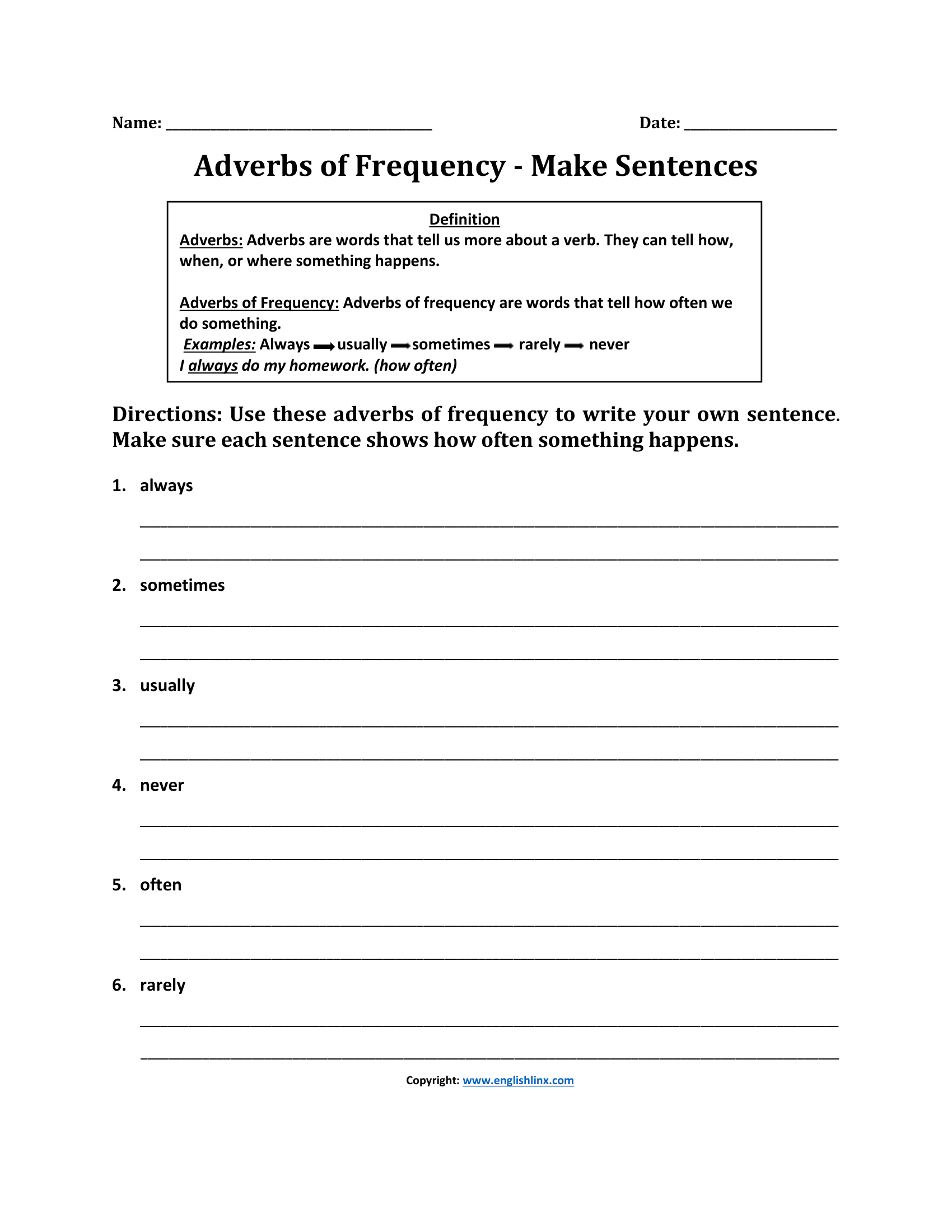 Make Sentences Adverbs of Frequency Worksheets